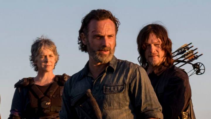 Melissa McBride as Carol Peletier, Andrew Lincoln as Rick Grimes, Norman Reedus as Daryl Dixon in The Walking Dead Season 8 Episode 16 
