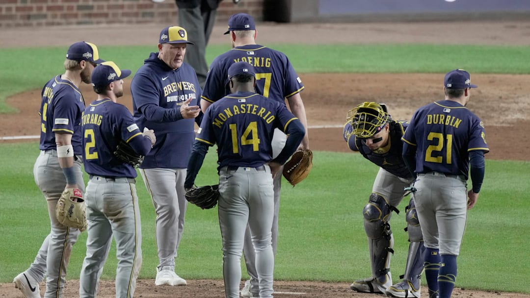Milwaukee Brewers manager Pat Murphy relieves pitcher Jared Koenig (47) during the seventh inning of their National League Division Series game against the Chicago Cubs Wednesday, October 8, 2025 at Wrigley Field in Chicago, Illinois.