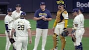 Milwaukee Brewers manager Pat Murphy waits for pitcher Trevor Megill (29) to enter the game during the eighth inning of their National League Division Series game against the Chicago Cubs Monday, October 6, 2025 at American Family Field in Milwaukee, Wisconsin.