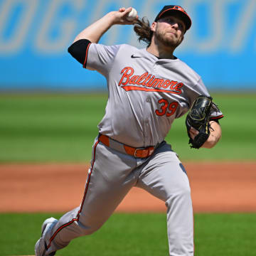 Aug 4, 2024; Cleveland, Ohio, USA; Baltimore Orioles starting pitcher Corbin Burnes (39) throws a pitch during the first inning against the Cleveland Guardians at Progressive Field.