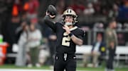 Oct 26, 2025; New Orleans, Louisiana, USA; New Orleans Saints quarterback Spencer Rattler (2) warms up before a game against the Tampa Bay Buccaneers at Caesars Superdome. Mandatory Credit: Matthew Hinton-Imagn Images