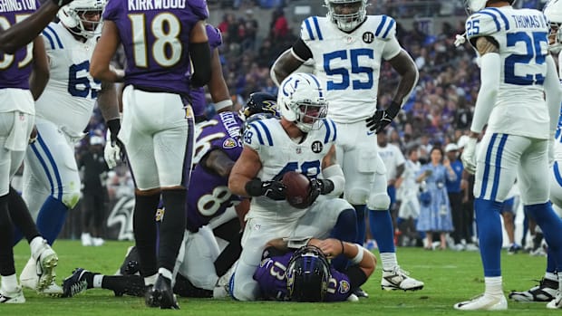 Indianapolis Colts LB Joe Bachie intercepts a second quarter pass from Baltimore Ravens QB Devin Leary.