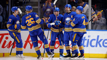 Nov 14, 2024; Buffalo, New York, USA;  Buffalo Sabres right wing Alex Tuch (89) celebrates his goal with teammates during the third period against the St. Louis Blues at KeyBank Center. Mandatory Credit: Timothy T. Ludwig-Imagn Images