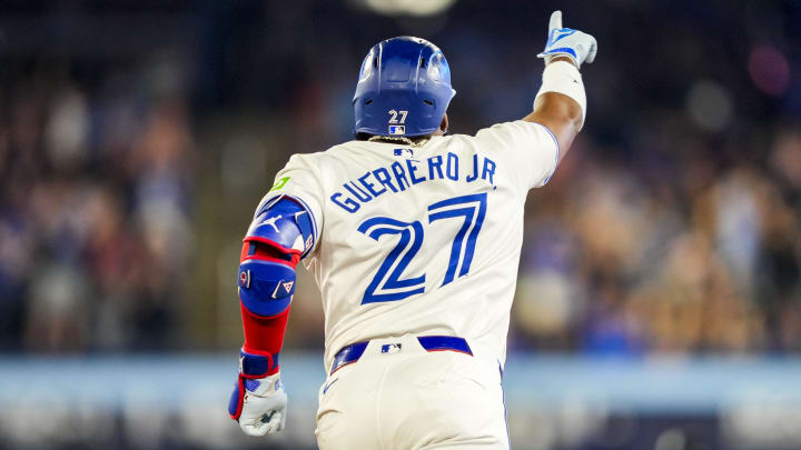 Jun 29, 2024; Toronto, Ontario, CAN; Toronto Blue Jays first base Vladimir Guerrero Jr. (27) celebrates after hitting a home run against the New York Yankees during the first inning at Rogers Centre.