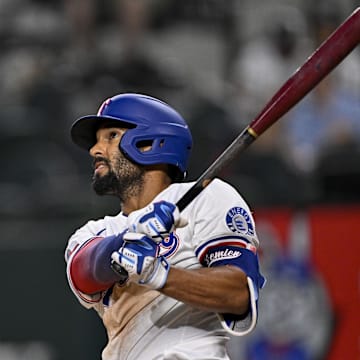 Aug 4, 2025; Arlington, Texas, USA; Texas Rangers second baseman Marcus Semien (2) in action during the game between the Texas Rangers and the New York Yankees at Globe Life Field. 