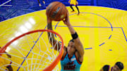 February 14, 2025; San Francisco, California, USA; Team G-League guard JD Davison (3) of the Maine Celtics dunks against Team M during the 2025 NBA Rising Stars Game at Chase Center. Mandatory Credit: Kyle Terada-Imagn Images