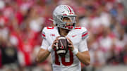Ohio State Buckeyes quarterback Julian Sayin (10)  during the game against the Wisconsin Badgers at Camp Randall Stadium. Credit: Jeff Hanisch-Imagn Images