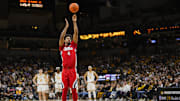 Jan 25, 2025; Columbia, Missouri, USA; Mississippi Rebels forward Jaemyn Brakefield (4) shoots a free throw after a flagrant foul during the second half against the Missouri Tigers at Mizzou Arena. Mandatory Credit: Jay Biggerstaff-Imagn Images
