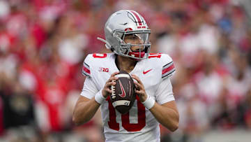 Oct 18, 2025; Madison, Wisconsin, USA;  Ohio State Buckeyes quarterback Julian Sayin (10)  during the game against the Wisconsin Badgers at Camp Randall Stadium. Mandatory Credit: Jeff Hanisch-Imagn Images