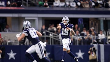 Jan 5, 2025; Arlington, Texas, USA; Dallas Cowboys quarterback Trey Lance (19) throws a pass against the Washington Commanders during the fourth quarter at AT&T Stadium. Mandatory Credit: Tim Heitman-Imagn Images