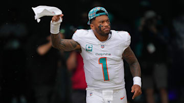 Oct 27, 2024; Miami Gardens, Florida, USA; Miami Dolphins quarterback Tua Tagovailoa (1) takes the field before the game against the Arizona Cardinals at Hard Rock Stadium. Mandatory Credit: Jim Rassol-Imagn Images