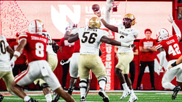 Sep 7, 2024; Lincoln, Nebraska, USA; Colorado Buffaloes quarterback Shedeur Sanders (2) throws away the ball against the Nebraska Cornhuskers during the second quarter at Memorial Stadium. 