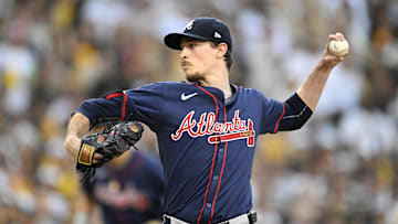 Oct 2, 2024; San Diego, California, USA; Atlanta Braves pitcher Max Fried (54) throws during the first inning of game two in the Wildcard round for the 2024 MLB Playoffs against the San Diego Padres at Petco Park. 