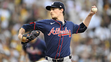 Oct 2, 2024; San Diego, California, USA; Atlanta Braves pitcher Max Fried (54) throws during the first inning of game two in the Wildcard round for the 2024 MLB Playoffs against the San Diego Padres at Petco Park. Mandatory Credit: Denis Poroy-Imagn Images