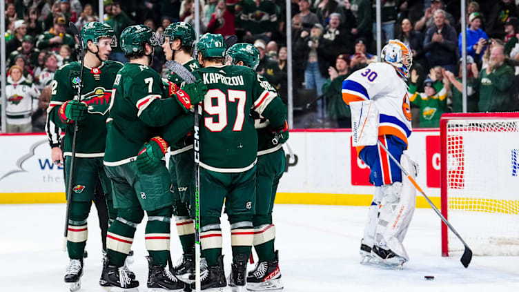 Jan 15, 2024; Saint Paul, Minnesota, USA; Minnesota Wild center Joel Eriksson Ek (14) celebrates his