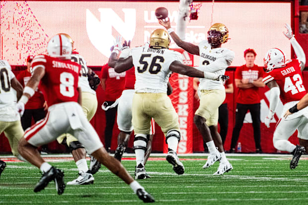 Colorado Buffaloes quarterback Shedeur Sanders (2) throws away the ball against the Nebraska Cornhuskers