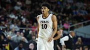 Perry forward Koa Peat walks down the court during a timeout against Sunnyslope during the Boys Open state championship game at Veterans Memorial Coliseum.