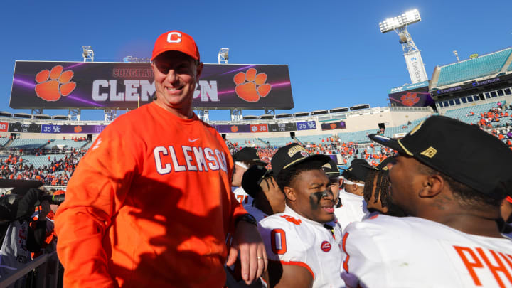 Dec 29, 2023; Jacksonville, FL, USA;  Clemson Tigers head coach Dabo Swinney celebrates after being the Kentucky Wildcats in the Gator Bowl at EverBank Stadium. Mandatory Credit: Nathan Ray Seebeck-USA TODAY Sports