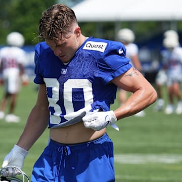 Jul 26, 2024; East Rutherford, NJ, USA; New York Giants wide receiver Gunner Olszewski (80) breaks during training camp at Quest Diagnostics Training Center.  