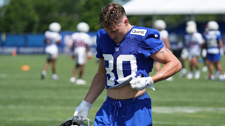 Jul 26, 2024; East Rutherford, NJ, USA; New York Giants wide receiver Gunner Olszewski (80) breaks during training camp at Quest Diagnostics Training Center.  