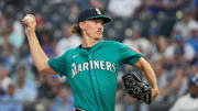 Sep 17, 2025; Kansas City, Missouri, USA; Seattle Mariners starting pitcher Bryce Miller (50) delivers a pitch against the Kansas City Royals during the first inning at Kauffman Stadium. Mandatory Credit: Denny Medley-Imagn Images