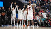 Nov 3, 2025; Inglewood, California, USA; Miami Heat forward Andrew Wiggins (22) reacts after a three-point basket against the LA Clippers in the second half at Intuit Dome. Mandatory Credit: Kirby Lee-Imagn Images