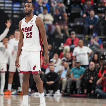 Nov 3, 2025; Inglewood, California, USA; Miami Heat forward Andrew Wiggins (22) reacts after a three-point basket against the LA Clippers in the second half at Intuit Dome. Mandatory Credit: Kirby Lee-Imagn Images