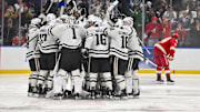 Apr 10, 2025; St. Louis, Missouri, UNITED STATES; Western Michigan Broncos forward Owen Michaels (34) celebrates with teammates after scoring the game winning goal against the Denver Pioneers in the second overtime during the Frozen Four college ice hockey national semifinals at Enterprise Center. Mandatory Credit: Jeff Curry-Imagn Images