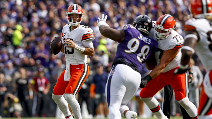 Sep 14, 2025; Baltimore, Maryland, USA; Cleveland Browns quarterback Joe Flacco (15) looks to make a pass during the third quarter at M&T Bank Stadium. Mandatory Credit: Peter Casey-Imagn Images