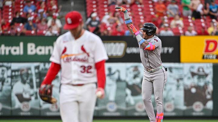 Jun 24, 2026; St. Louis, Missouri, USA; Arizona Diamondbacks designated hitter Ketel Marte (4) reacts as he runs the bases after hitting a solo home run off of St. Louis Cardinals starting pitcher Matthew Liberatore (32) during the fourth inning at Busch Stadium. Mandatory Credit: Jeff Curry-Imagn Images