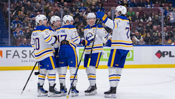 Jan 21, 2025; Vancouver, British Columbia, CAN; Buffalo Sabres defenseman Bowen Byram (4) and forward Jiri Kulich (20) and forward JJ Peterka (77) and defenseman Rasmus Dahlin (26) and forward Tage Thompson (72) celebrate Peterka’s goal against the Vancouver Canucks in the third period at Rogers Arena. Mandatory Credit: Bob Frid-Imagn Images