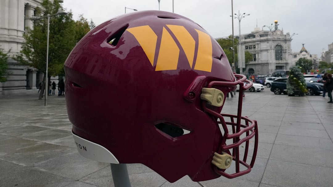 Nov 13, 2025; Madrid, Spain; A large Washington Commanders helmet at the Palacio de Cibellas. Mandatory Credit: Kirby Lee-Imagn Images