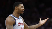 Mar 13, 2025; Detroit, Michigan, USA;  Washington Wizards guard Marcus Smart (36) reacts in the second half against the Detroit Pistons at Little Caesars Arena. Mandatory Credit: Rick Osentoski-Imagn Images