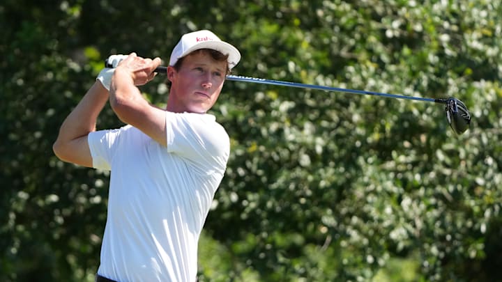 May 23, 2025; Fort Worth, Texas, USA; David Ford plays his shot from the ninth tee during the second round of the Charles Schwab Challenge golf tournament. Mandatory Credit: Jim Cowsert-Imagn Images