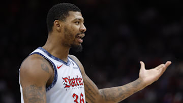 Mar 13, 2025; Detroit, Michigan, USA;  Washington Wizards guard Marcus Smart (36) reacts in the second half against the Detroit Pistons at Little Caesars Arena. Mandatory Credit: Rick Osentoski-Imagn Images