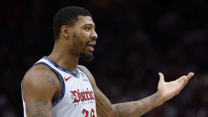 Mar 13, 2025; Detroit, Michigan, USA;  Washington Wizards guard Marcus Smart (36) reacts in the second half against the Detroit Pistons at Little Caesars Arena. Mandatory Credit: Rick Osentoski-Imagn Images