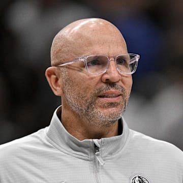 Apr 11, 2025; Dallas, Texas, USA; Dallas Mavericks head coach Jason Kidd looks on during the second quarter against the Toronto Raptors at the American Airlines Center. Mandatory Credit: Jerome Miron-Imagn Images