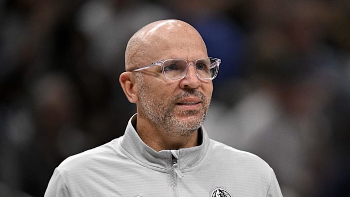 Apr 11, 2025; Dallas, Texas, USA; Dallas Mavericks head coach Jason Kidd looks on during the second quarter against the Toronto Raptors at the American Airlines Center. Mandatory Credit: Jerome Miron-Imagn Images