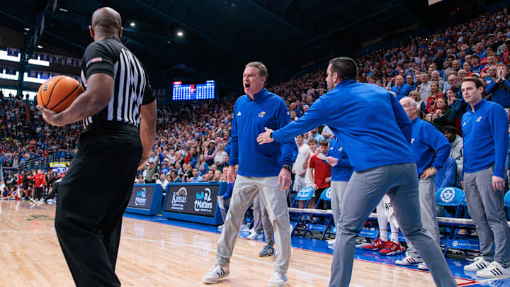 Mar 1, 2025; Lawrence, Kansas, USA; Kansas Jayhawks coach Bill Self reacts after a call during the second half against the Texas Tech Red Raiders at Allen Fieldhouse. Mandatory Credit: William Purnell-Imagn Images Mar 1, 2025; Lawrence, Kansas, USA; Kansas Jayhawks coach Bill Self reacts after a call during the second half against the Texas Tech Red Raiders at Allen Fieldhouse. Mandatory Credit: William Purnell-Imagn Images