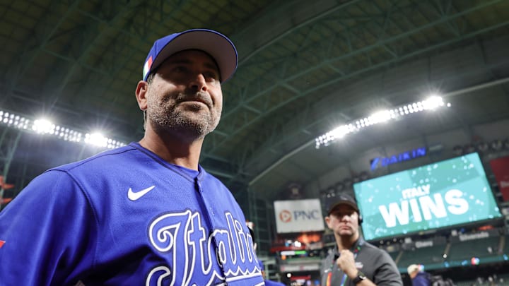 Mar 10, 2026; Houston, TX, United States; Italy manager Francisco Cervelli (29) reacts after defeating the United States at Daikin Park. Mandatory Credit: Thomas Shea-Imagn Images
