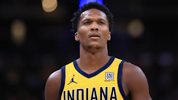 Indiana Pacers wing Bennedict Mathurin (00) in a game against the Brooklyn Nets.