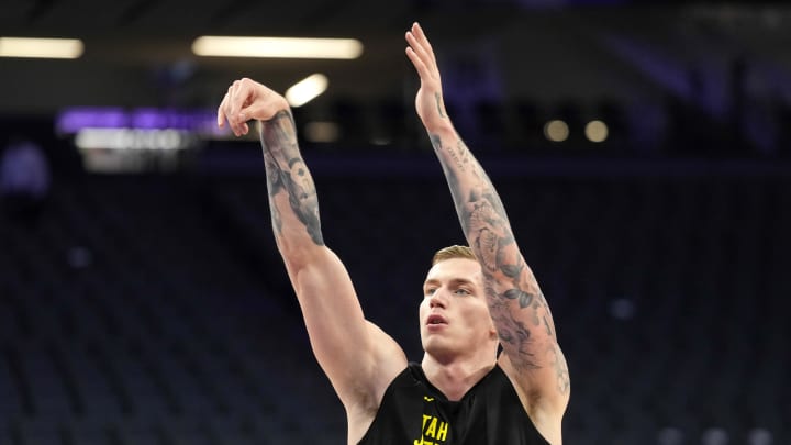 Mar 31, 2024; Sacramento, California, USA; Utah Jazz forward Luka Samanic (19) warms up before the game against the Sacramento Kings at Golden 1 Center. Mandatory Credit: Darren Yamashita-USA TODAY Sports