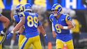 Nov 2, 2025; Inglewood, California, USA; Los Angeles Rams quarterback Matthew Stafford (9) smiles after throwing a touchdown pass New Orleans Saints during the first half at SoFi Stadium. Mandatory Credit: Jayne Kamin-Oncea-Imagn Images
