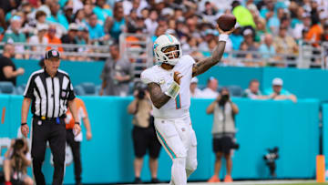 Nov 17, 2024; Miami Gardens, Florida, USA; Miami Dolphins quarterback Tua Tagovailoa (1) throws the football against the Las Vegas Raiders during the third quarter at Hard Rock Stadium. Mandatory Credit: Sam Navarro-Imagn Images