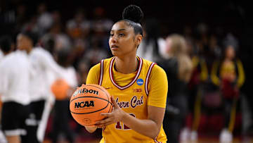 Mar 24, 2025; Los Angeles, California, USA; USC Trojans guard JuJu Watkins (12) during pregame warmups before an NCAA Tournament second round game against the Mississippi State Bulldogs at Galen Center. Mandatory Credit: Robert Hanashiro-Imagn Images