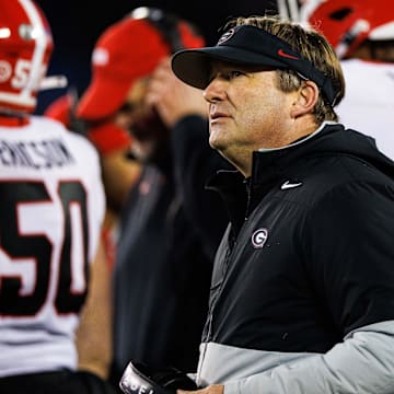 Nov 19, 2022; Lexington, Kentucky, USA; Georgia Bulldogs head coach Kirby Smart looks on during the third quarter against the Kentucky Wildcats at Kroger Field. Mandatory Credit: Jordan Prather-Imagn Images