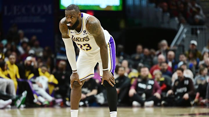 Nov 25, 2023; Cleveland, Ohio, USA; Los Angeles Lakers forward LeBron James (23) waits for action to resume during the second half against the Cleveland Cavaliers at Rocket Mortgage FieldHouse. Mandatory Credit: Ken Blaze-Imagn Images Nov 25, 2023; Cleveland, Ohio, USA; Los Angeles Lakers forward LeBron James (23) waits for action to resume during the second half against the Cleveland Cavaliers at Rocket Mortgage FieldHouse. Mandatory Credit: Ken Blaze-Imagn Images