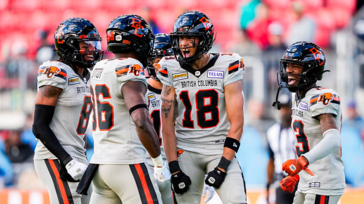 Jun 9, 2024; Toronto, Ontario, CAN; BC Lions wide receiver Justin McInnis (18) celebrates with teammates after scoring a touchdown against the Toronto Argonauts at BMO Field. Mandatory Credit: Kevin Sousa-USA TODAY Sports