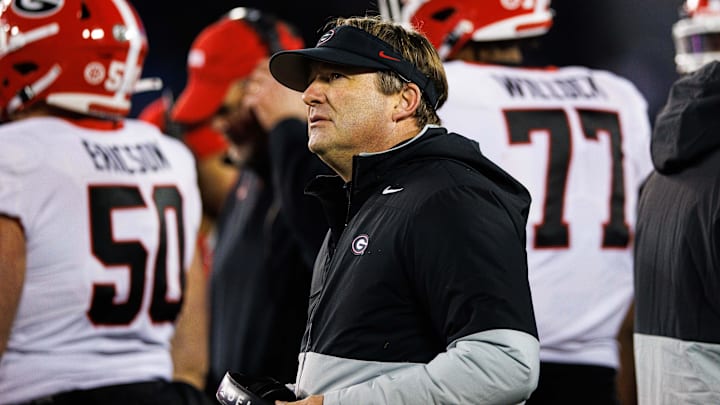 Nov 19, 2022; Lexington, Kentucky, USA; Georgia Bulldogs head coach Kirby Smart looks on during the third quarter against the Kentucky Wildcats at Kroger Field. Mandatory Credit: Jordan Prather-Imagn Images