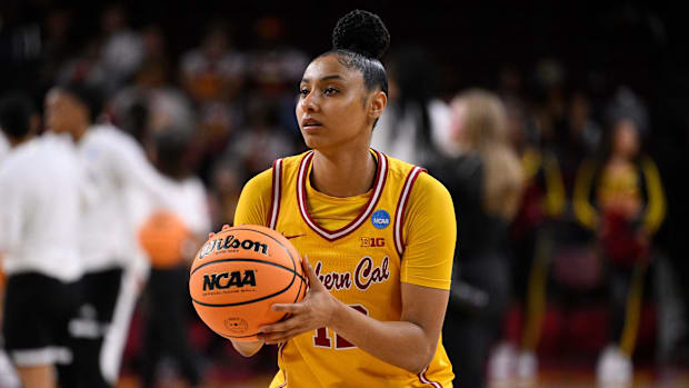 Mar 24, 2025; Los Angeles, California, USA; USC Trojans guard JuJu Watkins (12) during pregame warmups before an NCAA Tournam